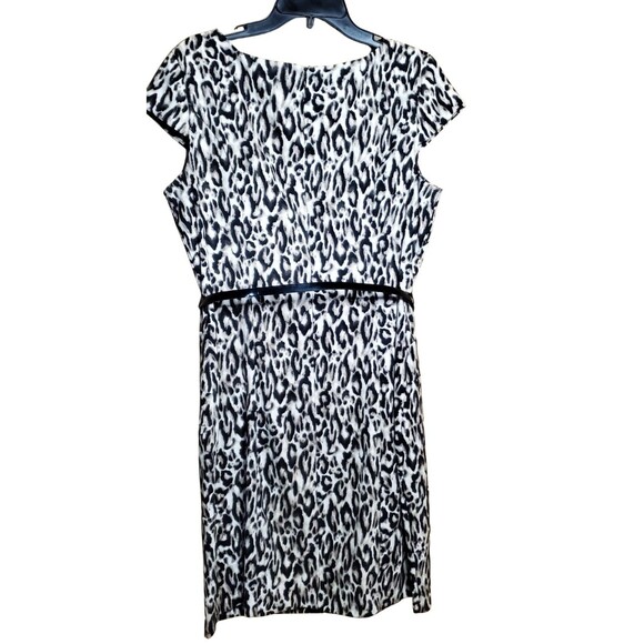 Alyx Women’s Dress Sz 14 Leopard Print Sheath Black Tan Zip Up Cap Sleeve Chic - Picture 3 of 9